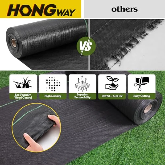 HongWay 6FT x 300FT Weed Barrier Landscape Fabric Heavy Duty, Woven Geotextile Weed Blocker Fabric with 120 U-Shaped Securing Pegs, Weed Control Mats Ground Cover for Garden Beds, Commercial Driveway by HongWay - Image 5
