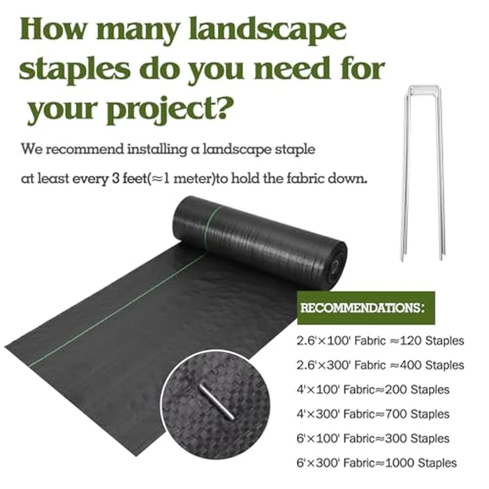 HongWay 6FT x 300FT Weed Barrier Landscape Fabric Heavy Duty, Woven Geotextile Weed Blocker Fabric with 120 U-Shaped Securing Pegs, Weed Control Mats Ground Cover for Garden Beds, Commercial Driveway by HongWay - Image 7