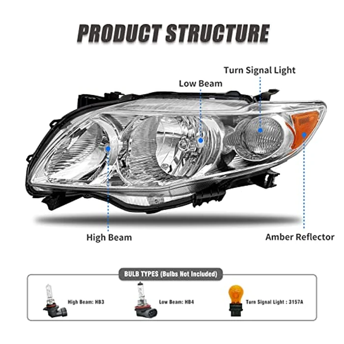 ADCARLIGHTS Headlight Assembly Pair for 2009-2010 Toyota Corolla (Base/CE/LE/XLE, North America Built) Clear Lens Chrome Housing Amber Reflector Left Right W/O Bulbs by ADCARLIGHTS - Image 5