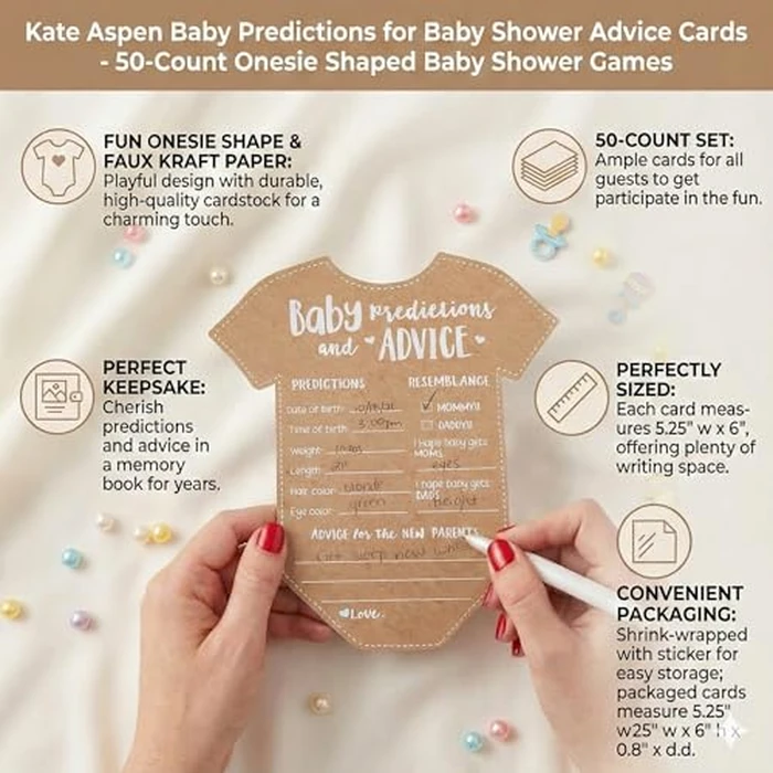 Kate Aspen Baby Predictions for Baby Shower Advice Cards - 50-Count Onesie Shaped Baby Shower Games for Girl or Boy - Gender Neutral Decor, Table Decorations, Activity and Keepsake For New Parents by Kate Aspen - Image 8