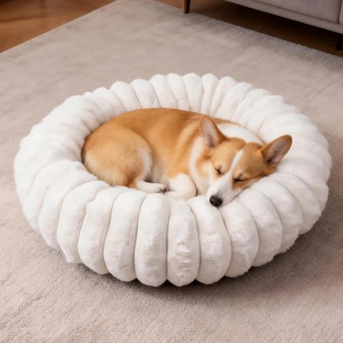Vhen When Donut Dog and Cat Bed, Luxurious Comfortable Faux Rabbit Fur Pet Beds, Round Anti-Anxiety Calming Puppy Kitten Bed with Anti-Slip Bottom for Small Medium Dogs & Cats(27", Brown) by Vhen When - Used - Very Good condition