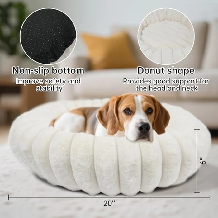 Vhen When Donut Dog and Cat Bed, Luxurious Comfortable Faux Rabbit Fur Pet Beds, Round Anti-Anxiety Calming Puppy Kitten Bed with Anti-Slip Bottom for Small Medium Dogs & Cats(27", Brown) by Vhen When - Image 4