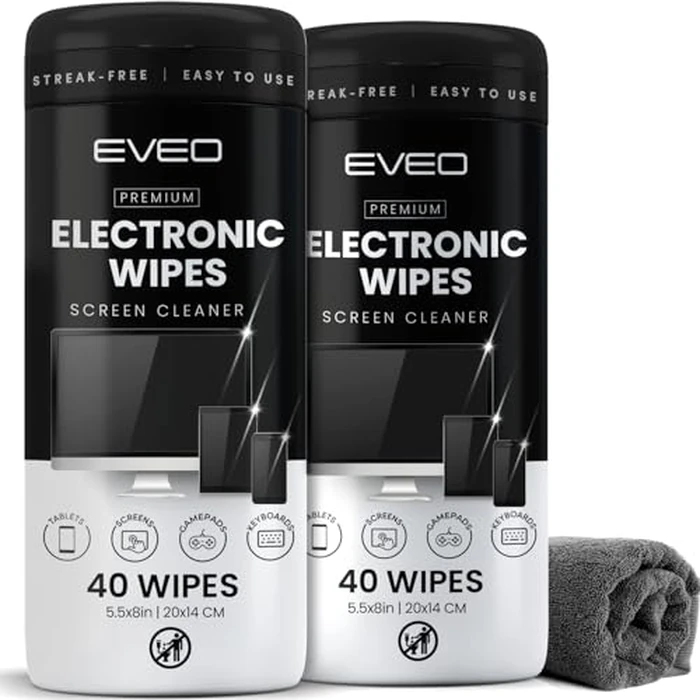 Electronic Wipes Screen Cleaner Streak-Free [2 Pack x40] Computer Screen Wipes, TV Screen Cleaner Wipes, Monitor Wipes for Smart TV, Laptop, iPhone, ipad and more - [Microfiber Cloth + 80 Wipes] by EVEO - Used - Like New condition - US$14.75