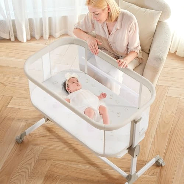Fodoss Baby Bassinet - All Mesh Bedside Bassinet with Wheels, 7 Height Adjustable for Infants, Beige by Fodoss - Used - Acceptable condition