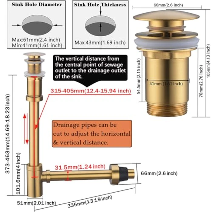 RANDOM Brass P Trap with Bathroom Sink Stopper Kit Without Overflow,Champagne Bronze U-Shape 1-1/4 inch Sink Trap with 11.6″ Slip Joint Extension Tube,Adjustable Height Sink Drain Bottle P-Trap Kit by RANDOM - Image 2
