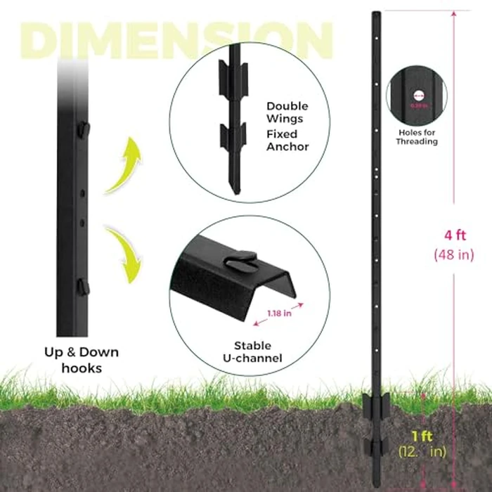 WIMART Fence Posts 4 Feet, Heavy Duty Metal Fence Post with U-Channel, Steel Fence U Post for Wire Fencing Steel Post for Yard, Outdoor Wire (Black - Set 15) by WIMART - Image 2