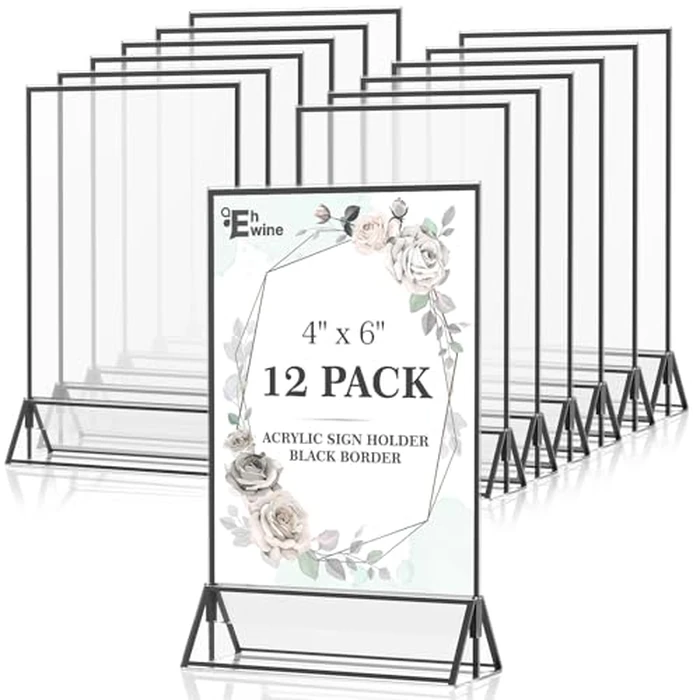 EHWINE 12 Pack Acrylic Sign Holder 4 x 6, Double Sided Black Picture Frame Stand up Table Top Sign Holders, Clear Display Stand Menu Flyer Holder for Wedding Party(Provide Non-slip Mats) by EHWINE - Used - Acceptable condition - CA$26.02