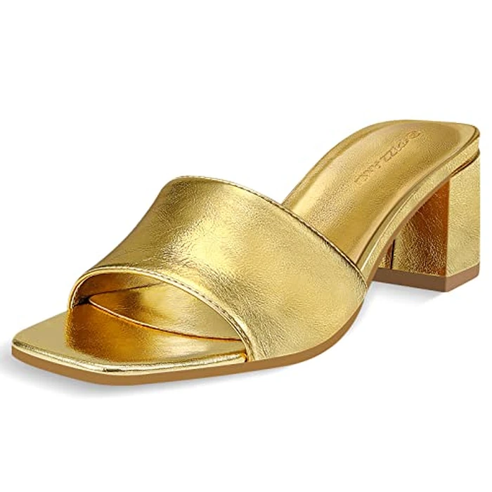 PIZZ ANNU Women's Square Open Toe Heels Sandals Low Block Chunky Heeled Sandal Slip on Mules Comfortable Casual Dress Pumps Shoes, Gold 6.5 by PIZZ ANNU - Used - Acceptable condition - US$26.06