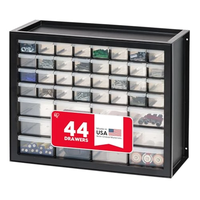 IRIS USA Small Parts Storage, Made in USA, Cabinet, 44-Drawer Organizer for Screws, Nuts, Bolts, Electronics, Hardware, Beads, Crafts, Building Bricks, Stackable Garage Storage - Black by IRIS USA - Used - Like New condition - US$36.39