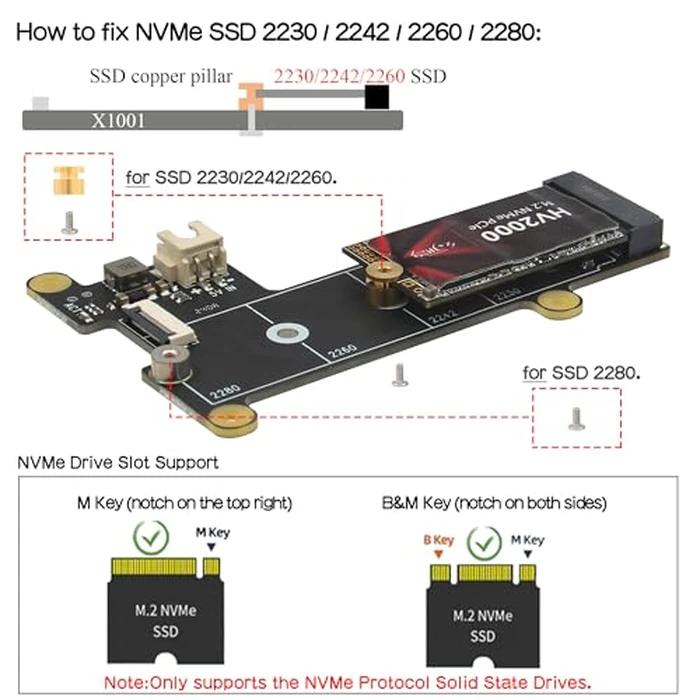 Geekworm X1001 PCIe to M.2 HAT Key-M NVMe SSD PIP PCIe Peripheral Board for Raspberry Pi 5 Support M.2 2230/2242/2260/2280 SSD by Geekworm - Image 3
