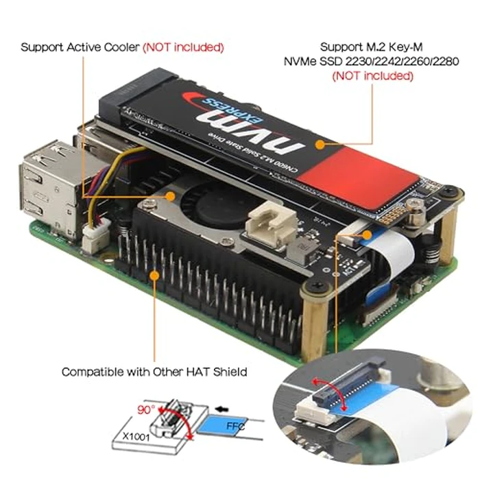 Geekworm X1001 PCIe to M.2 HAT Key-M NVMe SSD PIP PCIe Peripheral Board for Raspberry Pi 5 Support M.2 2230/2242/2260/2280 SSD by Geekworm - Image 4