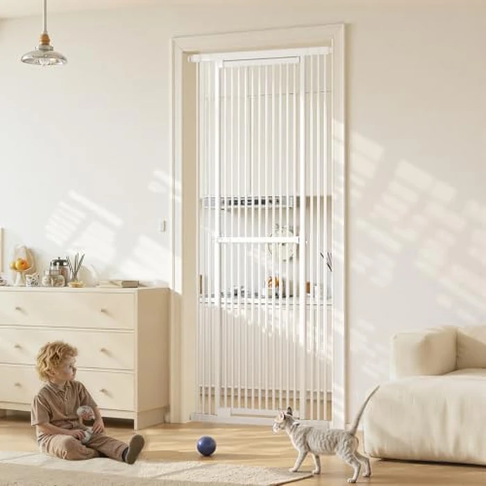 Gardner Pet 51"-87" Extra Tall Cat Gate for Doorway, Wide Adjustable 27.56"-37" Baby Gate Included 4 Extension Kits, Pressure Mounted Safety Full Door Gate for Stairs, Studio, Kitchen (White) by Gardner Pet - Used - Like New condition