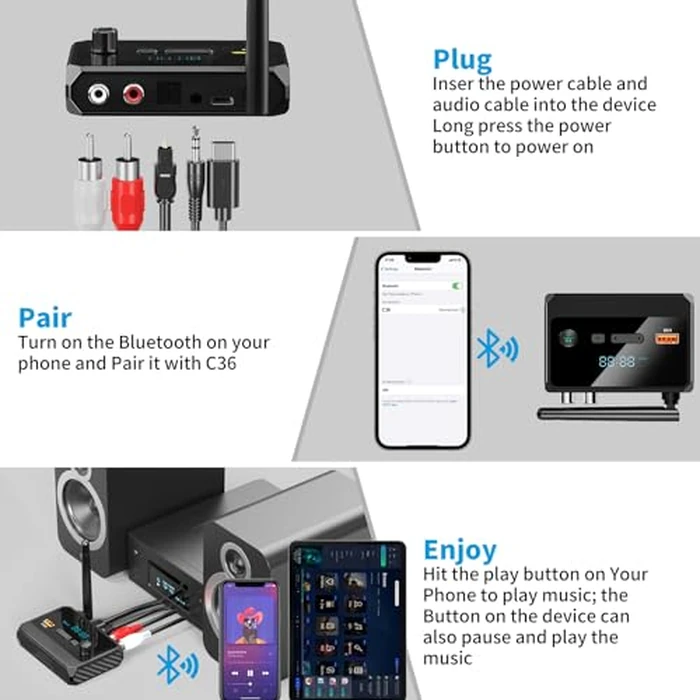 Bluetooth 5.3 Receiver for Home Stereo, RCA Bluetooth Adapter, Low Latency & HD Music Audio, Support Optical AUX 3.5mm, RCA Receiver Adapter for Speakers, Music Streaming Stereo System by SUYEE - Image 4