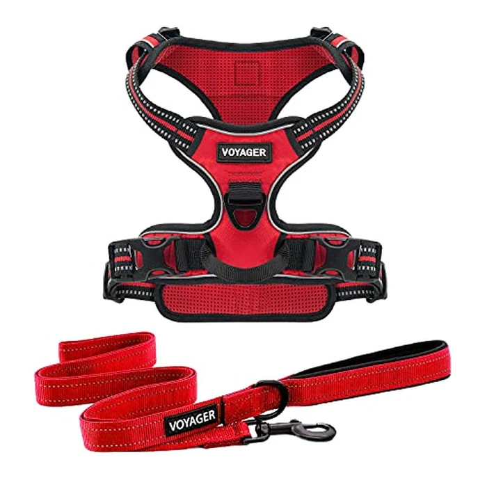 Voyager Dog Harness Dual Leash Attachment No-Pull Control Adjustable Soft but Strong Pet Harness for Medium and Large Dogs with 3M Reflective Technology, Leash Set Red Nylon, L (Chest: 25-30") by Best Pet Supplies - Used - Like New condition - US$13.35