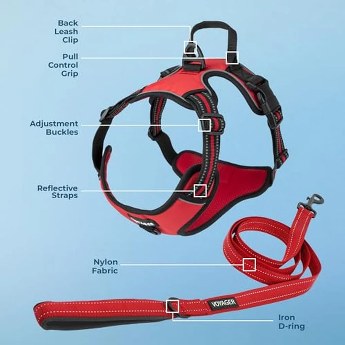 Voyager Dog Harness Dual Leash Attachment No-Pull Control Adjustable Soft but Strong Pet Harness for Medium and Large Dogs with 3M Reflective Technology, Leash Set Red Nylon, L (Chest: 25-30") by Best Pet Supplies - Image 3