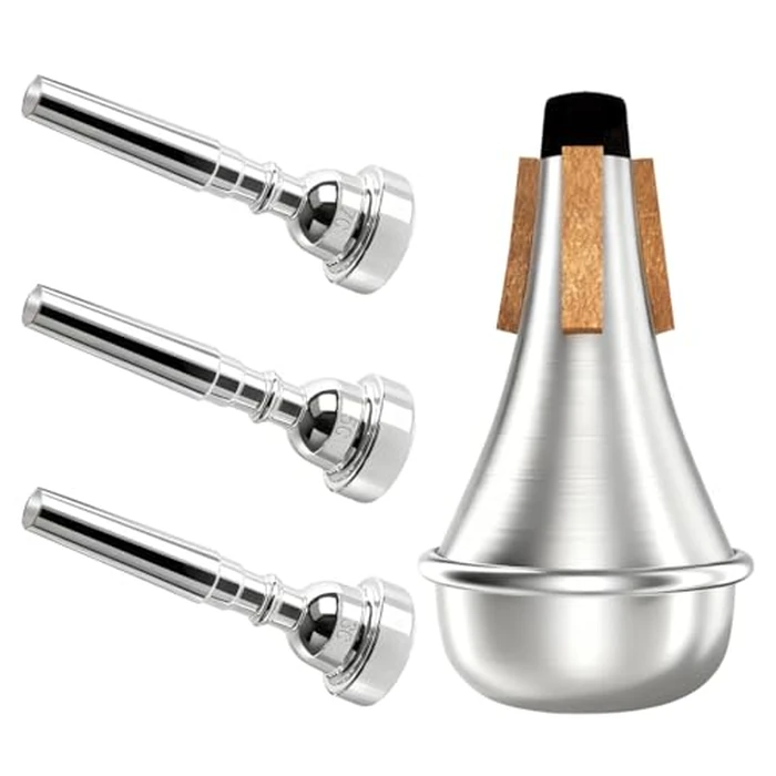 Kuylive 3 Pack Trumpet Mouthpiece (3C 5C 7C) with Lightweight Aluminum Practice Trumpet Mute Silencer Fit for Yamaha Bach Conn King Replacement Musical Instruments Accessories, Silver by Kuylive - Used - Very Good condition - US$15.81
