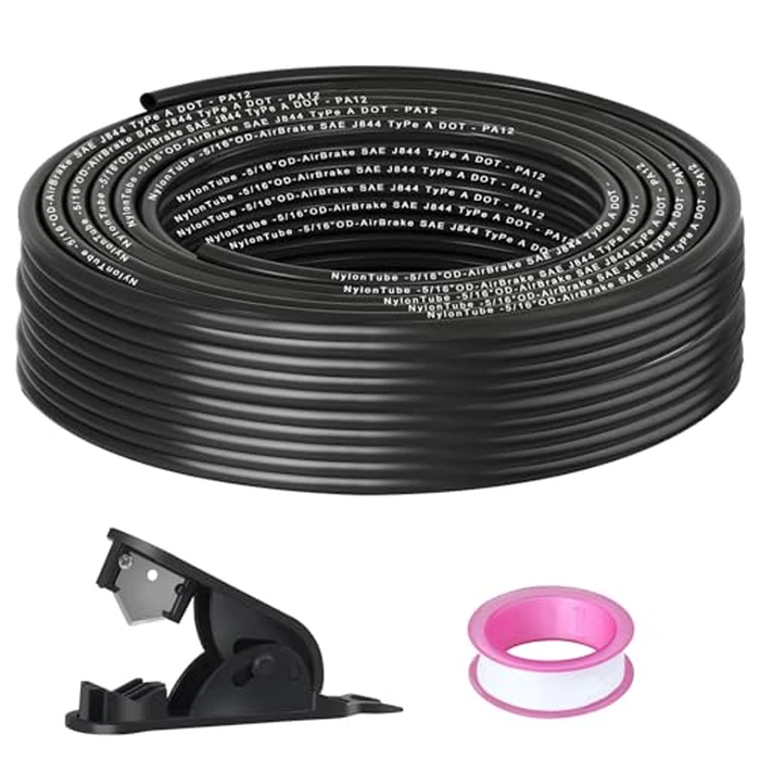 5/16" OD x 50FT DOT Air Line Black SAE J 844 PA12 Nylon Air Brake Tubing with Cutter and Teflon Tape, Pneumatic Nylon Air Line Hose for Semi Truck Trailer Air Brake System & Fluid Transfer by Lumanious - Image 1