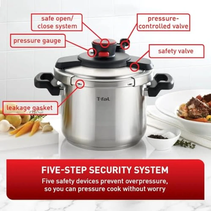 T-fal Clipso Stainless Steel Pressure Cooker, 6 Qt, Secure Locking System, One Hand System, Silver, Induction Compatible, Pressure Canner, Includes Recipe Book, Cookware by T-Fal - Image 2