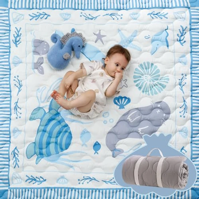 Momcozy Baby Play Mat for Floor, 50x50 Thickened Playpen Mat, Playmate for Baby Tummy Time, Waterproof & Non-Slip, Foldable Outdoor Mat with Carrying Handle, Ocean Theam by Momcozy - Used - Like New condition - US$32.29