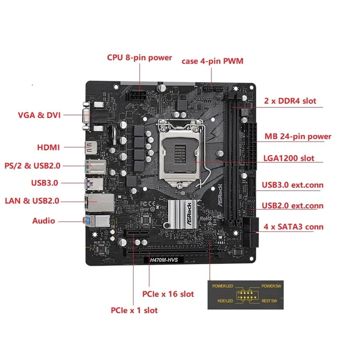 ASRock H470M-HVS Micro-ATX Motherboard: Intel 10th Gen LGA1200, DDR4 2933MHz, HDMI/D-Sub, 4X SATA3, 4X USB 3.2 Gen1, Realtek ALC897 by ASRock - Image 3