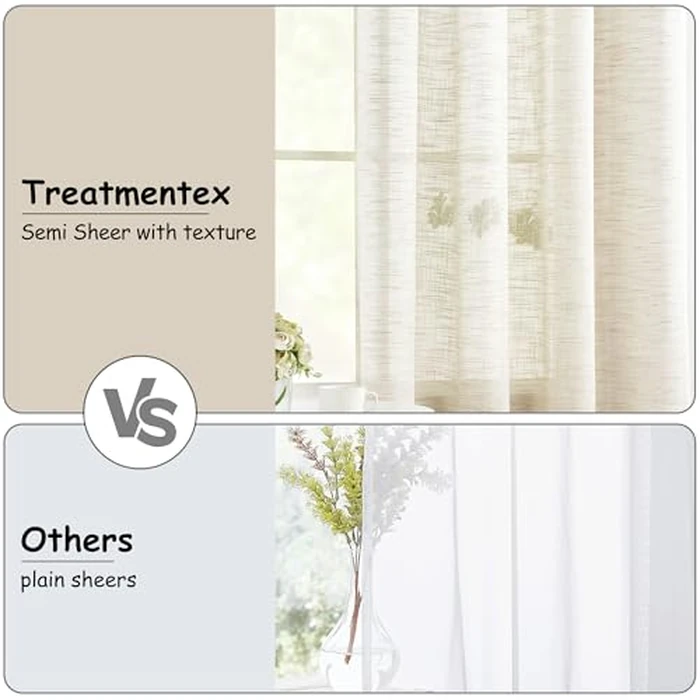 Semi Sheer Curtains for Living Room Natural Linen Sheer Curtain Drapes for Bedroom 95inch Long Farmhouse Country Rustic Window Curtains 52" w 2 Panels Grommet Top Beige by Treatmentex - Image 2