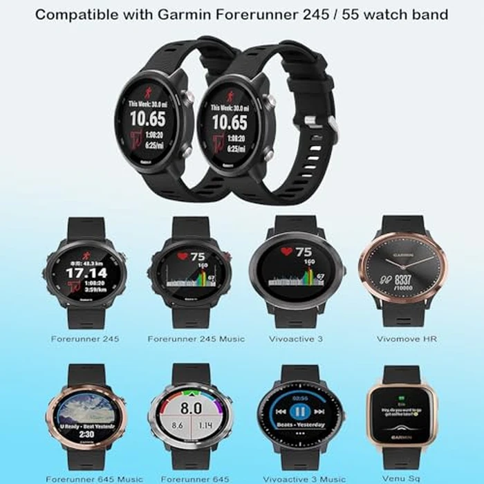 2 Pack Waterproof Bands Compatible with Garmin Forerunner 245/55 Watch Band, 20mm Replacement Strap for Forerunner 245 Music Watch Bands (black/balck) by Gleenice - Image 2