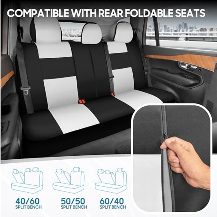 BDK PolyPro Car Seat Covers Full Set in White on Black, Front and Rear Split Bench Seat Covers for Cars, Easy to Install Car Seats Cover Set and Accessories for Auto Trucks Van SUV - White by BDK - Image 4