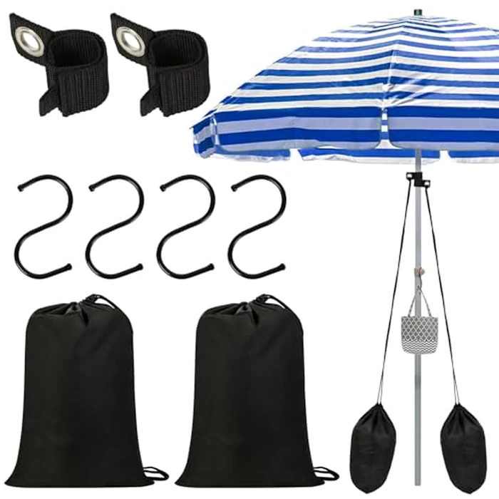 2 Pack Summer Beach Umbrella Sand Bags Portable Waterproof Canopy Weight Sandbag for Umbrella Legs Heavy Duty Sandbag Kits with 4 S-hooks for Umbrella Base Instant Tent and Canopy Weights (Black) by Bylion - Image 1