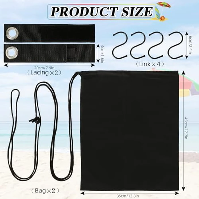 2 Pack Summer Beach Umbrella Sand Bags Portable Waterproof Canopy Weight Sandbag for Umbrella Legs Heavy Duty Sandbag Kits with 4 S-hooks for Umbrella Base Instant Tent and Canopy Weights (Black) by Bylion - Image 2