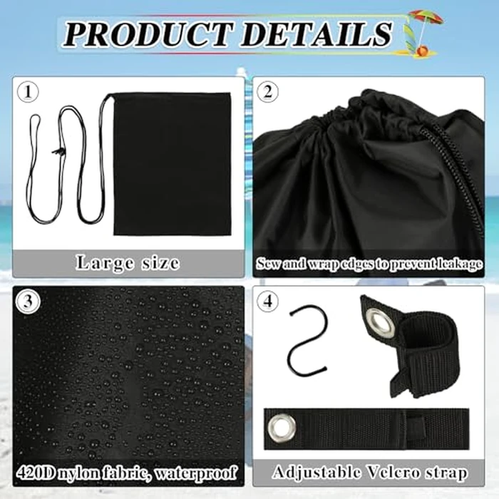 2 Pack Summer Beach Umbrella Sand Bags Portable Waterproof Canopy Weight Sandbag for Umbrella Legs Heavy Duty Sandbag Kits with 4 S-hooks for Umbrella Base Instant Tent and Canopy Weights (Black) by Bylion - Image 3