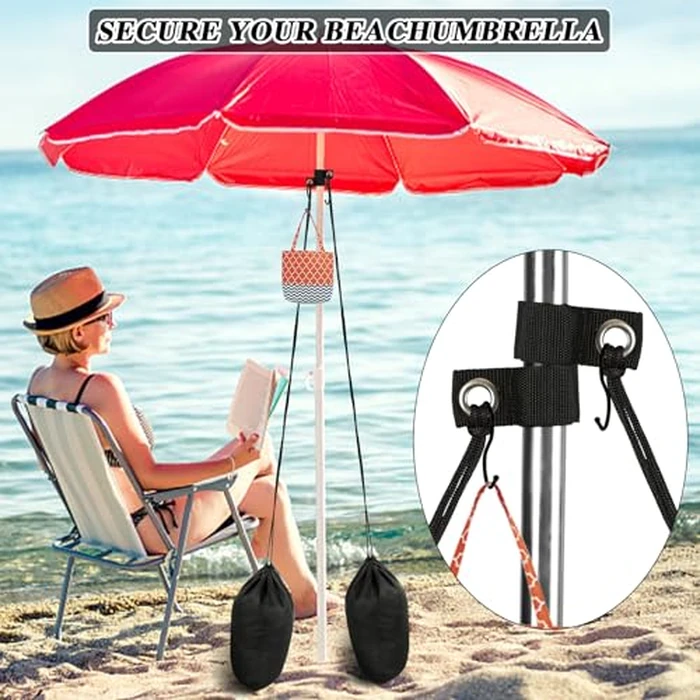 2 Pack Summer Beach Umbrella Sand Bags Portable Waterproof Canopy Weight Sandbag for Umbrella Legs Heavy Duty Sandbag Kits with 4 S-hooks for Umbrella Base Instant Tent and Canopy Weights (Black) by Bylion - Image 4