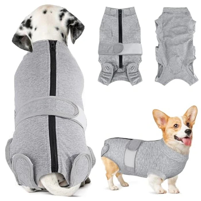 SlowTon Dog Surgery Recovery Suit - Zipper On Dog Onesies After Surgery for Female Male Dogs, Abdominal Wounds Bandages Cone/E-Collar Alternative Dogs Surgical Body Suit Anti-Licking (Grey, S) by SlowTon - Used - Like New condition