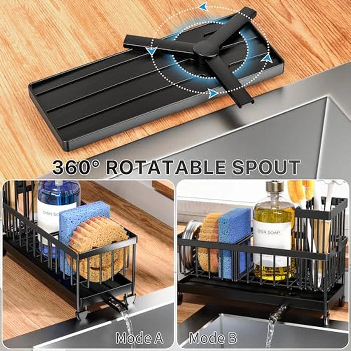 Cisily Sponge Holder for Kitchen Sink, Sink Caddy with High Brush Holder, Organzier Rustproof 304 Stainless Steel Dish Organizer Divider, Soap Dispenser Storage (Black) by Cisily - Image 2