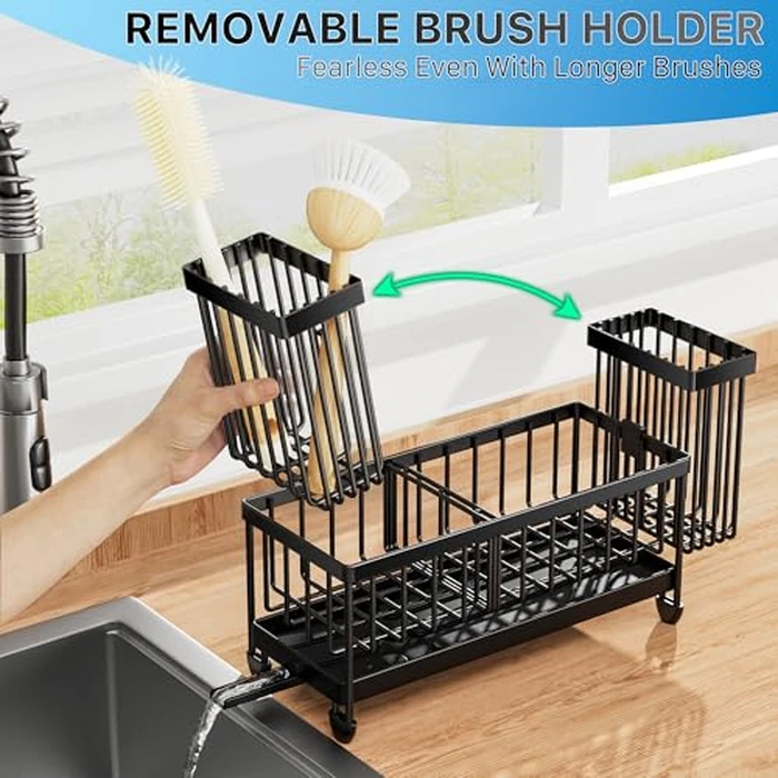 Cisily Sponge Holder for Kitchen Sink, Sink Caddy with High Brush Holder, Organzier Rustproof 304 Stainless Steel Dish Organizer Divider, Soap Dispenser Storage (Black) by Cisily - Image 3