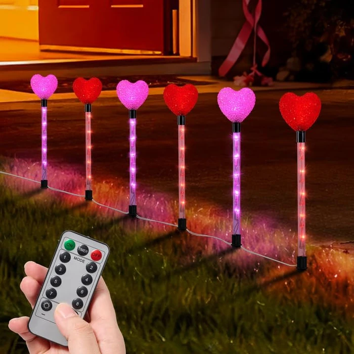 YUNVI 6 Pack Valentine's Day Pathway Lights,8 Modes LEDs Red&Pink Heart Stake Light with Timer Valentine Walkway String Lights Markers for Outdoor Backyard Patio Lawn Garden Party Decoration by YUNVI - Image 1