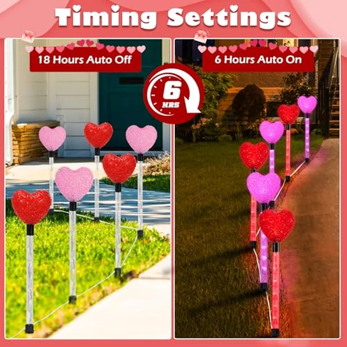 YUNVI 6 Pack Valentine's Day Pathway Lights,8 Modes LEDs Red&Pink Heart Stake Light with Timer Valentine Walkway String Lights Markers for Outdoor Backyard Patio Lawn Garden Party Decoration by YUNVI - Image 4