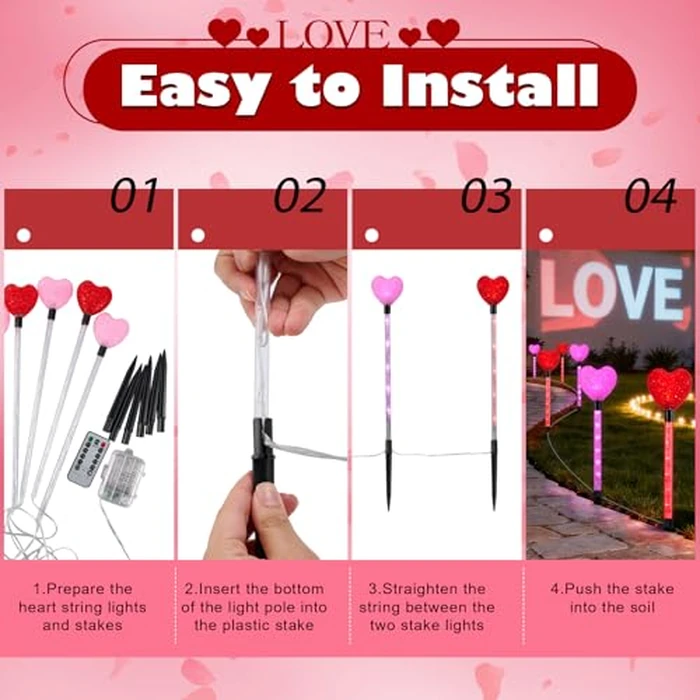 YUNVI 6 Pack Valentine's Day Pathway Lights,8 Modes LEDs Red&Pink Heart Stake Light with Timer Valentine Walkway String Lights Markers for Outdoor Backyard Patio Lawn Garden Party Decoration by YUNVI - Image 5
