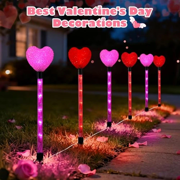 YUNVI 6 Pack Valentine's Day Pathway Lights,8 Modes LEDs Red&Pink Heart Stake Light with Timer Valentine Walkway String Lights Markers for Outdoor Backyard Patio Lawn Garden Party Decoration by YUNVI - Image 6