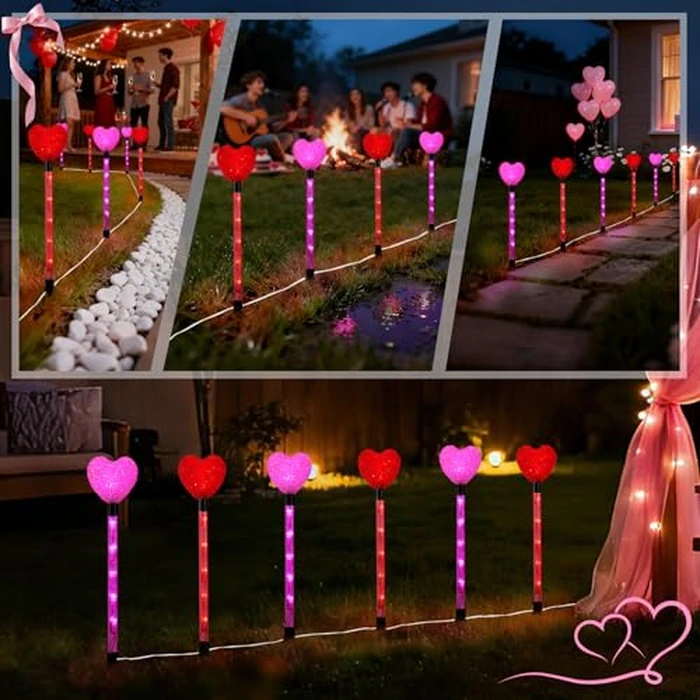 YUNVI 6 Pack Valentine's Day Pathway Lights,8 Modes LEDs Red&Pink Heart Stake Light with Timer Valentine Walkway String Lights Markers for Outdoor Backyard Patio Lawn Garden Party Decoration by YUNVI - Image 7