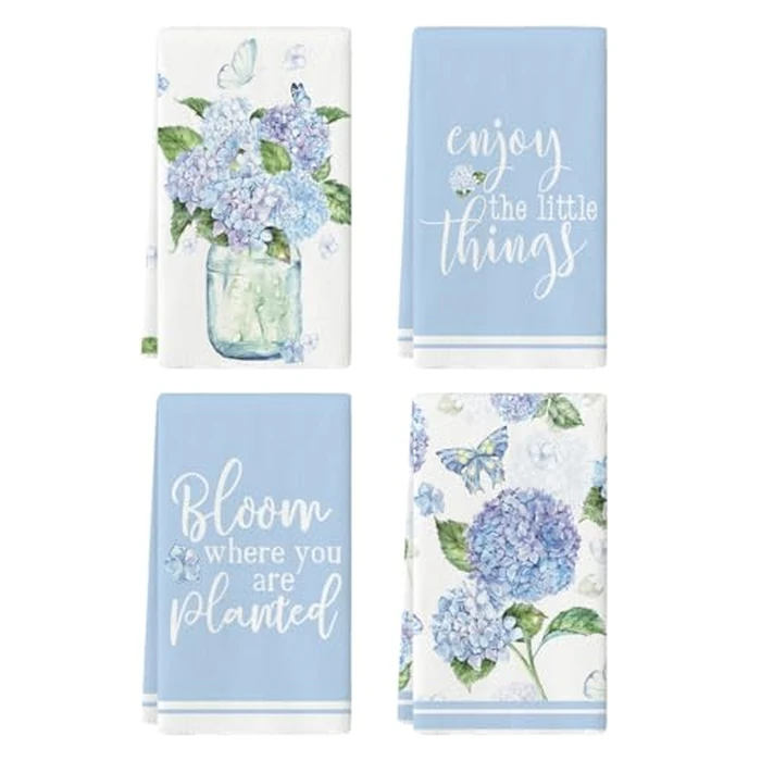 Artoid Mode Blue Hydrangea Motto Spring Kitchen Towels Dish Towels, 18x26 Inch Farmhouse Decoration Hand Towels Set of 4 by Artoid Mode - Used - Like New condition