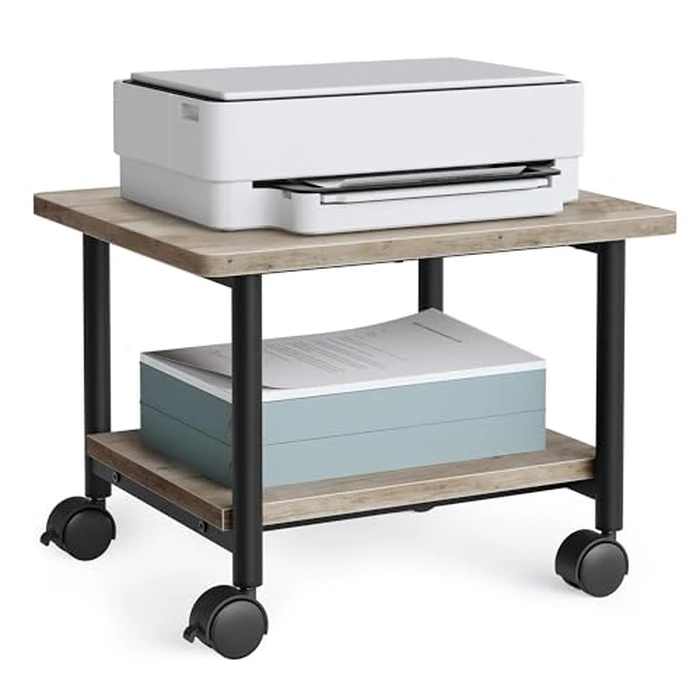 VASAGLE Heavy-Duty Printer Stand with Locking Wheels, 2-Tier Industrial Mobile Cart with Storage Shelf, Under Desk Printer Table for Home, Office, 13.4" Height, Heather Greige and Black UOPS002B02 by VASAGLE - Used - Like New condition
