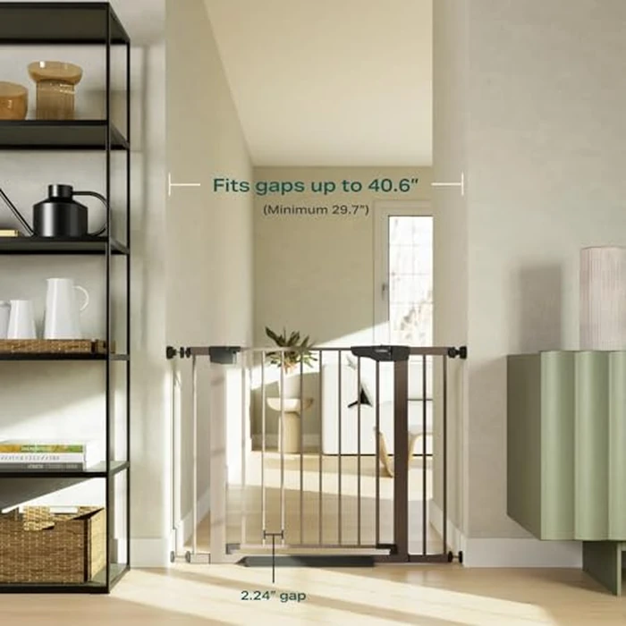 Cumbor 29.7-40.6" Baby Gate for Stairs, Mom's Choice Awards Winner-Dog Gate for Doorways, Pressure Mounted Auto-Close Pet Gates for Dogs Indoor, Safety Child Gate with Easy Walk Thru Door, Brown by Cumbor - Image 1