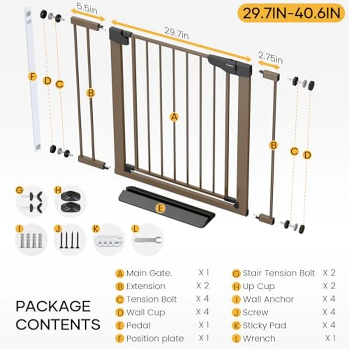 Cumbor 29.7-40.6" Baby Gate for Stairs, Mom's Choice Awards Winner-Dog Gate for Doorways, Pressure Mounted Auto-Close Pet Gates for Dogs Indoor, Safety Child Gate with Easy Walk Thru Door, Brown by Cumbor - Image 8