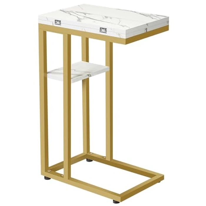 HOOBRO Foldable End Table, Gold C Shaped Side Table with Storage Shelf, Small Snack Table Suitable for Living Room Bedroom Small Spaces, Easy Assembly, Gold and Marble DM29SF01 by HOOBRO - Used - Acceptable condition