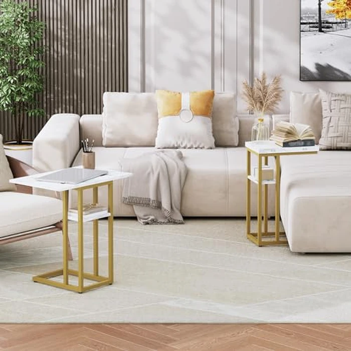 HOOBRO Foldable End Table, Gold C Shaped Side Table with Storage Shelf, Small Snack Table Suitable for Living Room Bedroom Small Spaces, Easy Assembly, Gold and Marble DM29SF01 by HOOBRO - Image 2