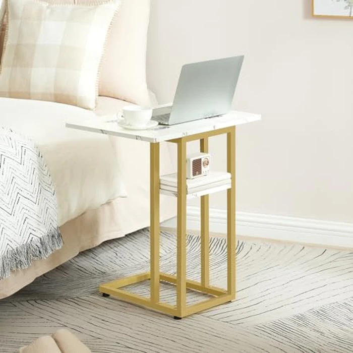HOOBRO Foldable End Table, Gold C Shaped Side Table with Storage Shelf, Small Snack Table Suitable for Living Room Bedroom Small Spaces, Easy Assembly, Gold and Marble DM29SF01 by HOOBRO - Image 3