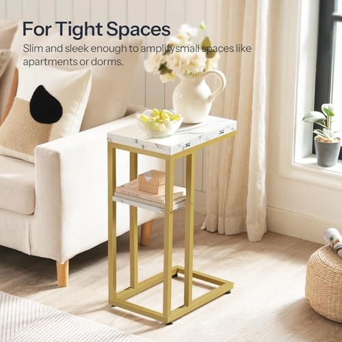 HOOBRO Foldable End Table, Gold C Shaped Side Table with Storage Shelf, Small Snack Table Suitable for Living Room Bedroom Small Spaces, Easy Assembly, Gold and Marble DM29SF01 by HOOBRO - Image 5