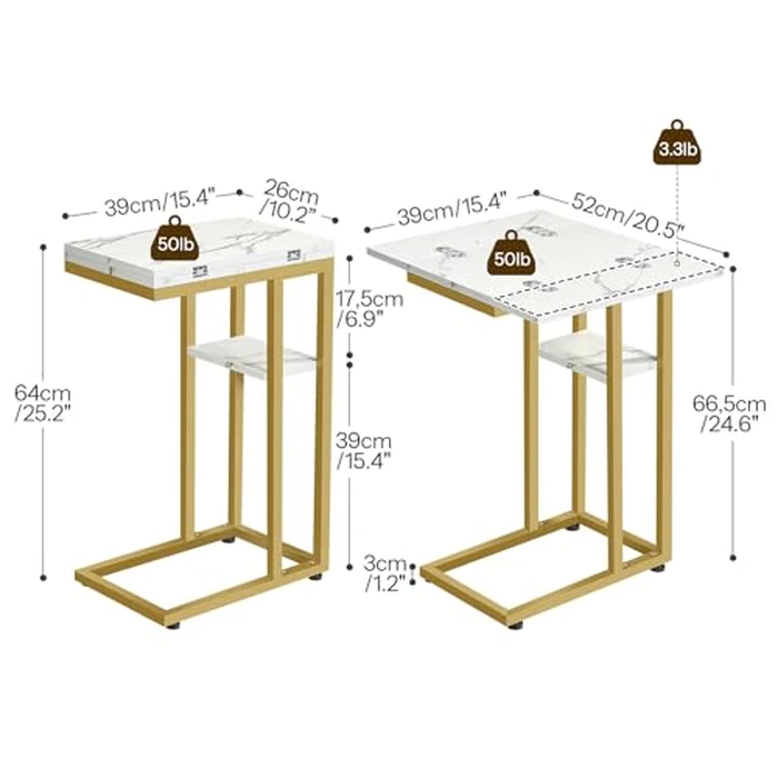 HOOBRO Foldable End Table, Gold C Shaped Side Table with Storage Shelf, Small Snack Table Suitable for Living Room Bedroom Small Spaces, Easy Assembly, Gold and Marble DM29SF01 by HOOBRO - Image 7