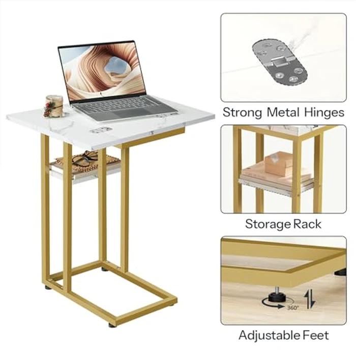 HOOBRO Foldable End Table, Gold C Shaped Side Table with Storage Shelf, Small Snack Table Suitable for Living Room Bedroom Small Spaces, Easy Assembly, Gold and Marble DM29SF01 by HOOBRO - Image 8