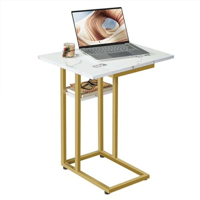 HOOBRO Foldable End Table, Gold C Shaped Side Table with Storage Shelf, Small Snack Table Suitable for Living Room Bedroom Small Spaces, Easy Assembly, Gold and Marble DM29SF01 by HOOBRO - Image 9